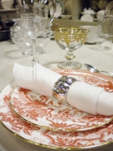 The “Red Aves” pattern by Royal Crown Derby and “Vetro” compote by Arte Italica complete Graham’s formal table. They are complemented by Juliska’s “Graham” goblet, Le Jacquard Francais’s “Tivoli” napkin, and a Buccellati sterling silver napkin ring.